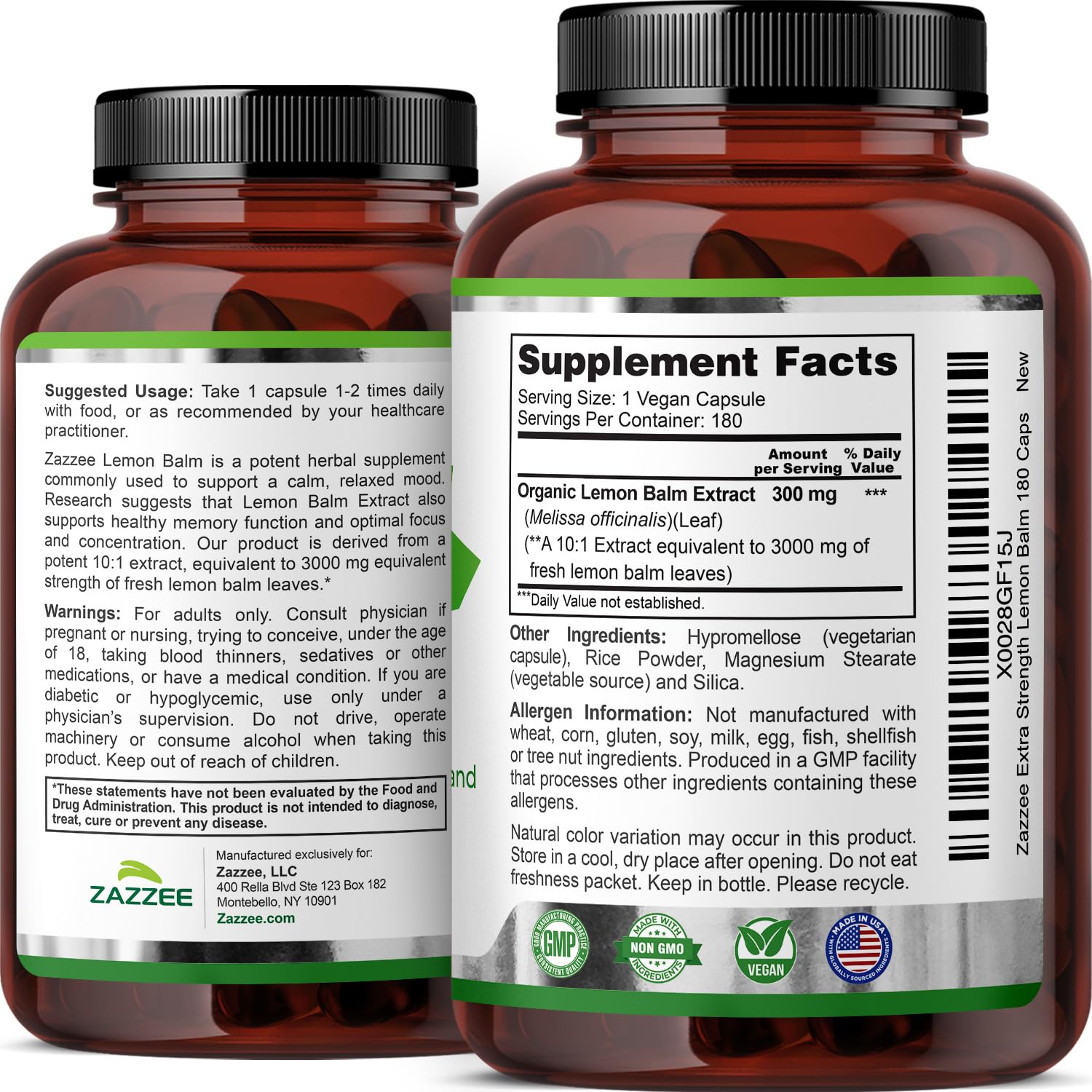 Zazzee Organic Lemon Balm extract bottle highlighting non-GMO status.