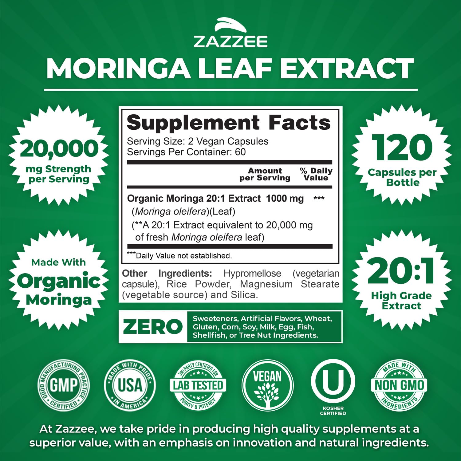 Zazzee Organic Moringa 20:1 extract capsules emphasize strong potency.