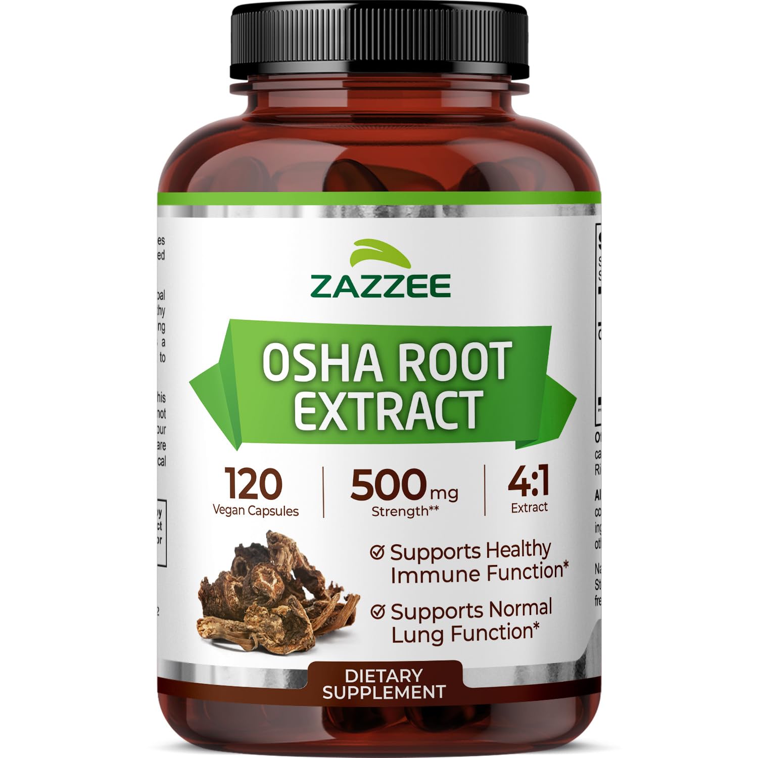 Zazzee OSHA Root Extract 500 mg bottle with 120 vegan capsules for daily use.