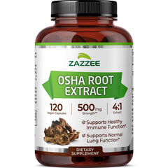 Zazzee OSHA Root Extract 500 mg bottle with 120 vegan capsules for daily use.