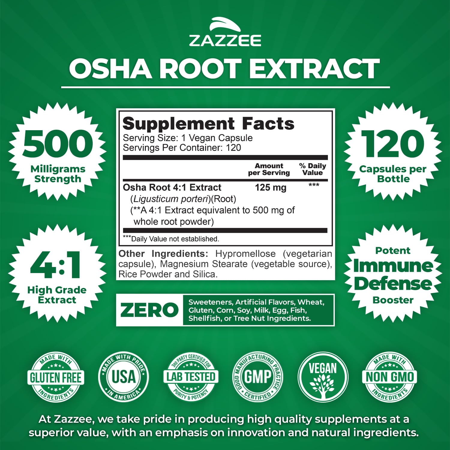 Zazzee OSHA Root Extract capsules shown featuring vegan formula.