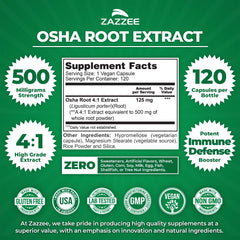 Zazzee OSHA Root Extract capsules shown featuring vegan formula.