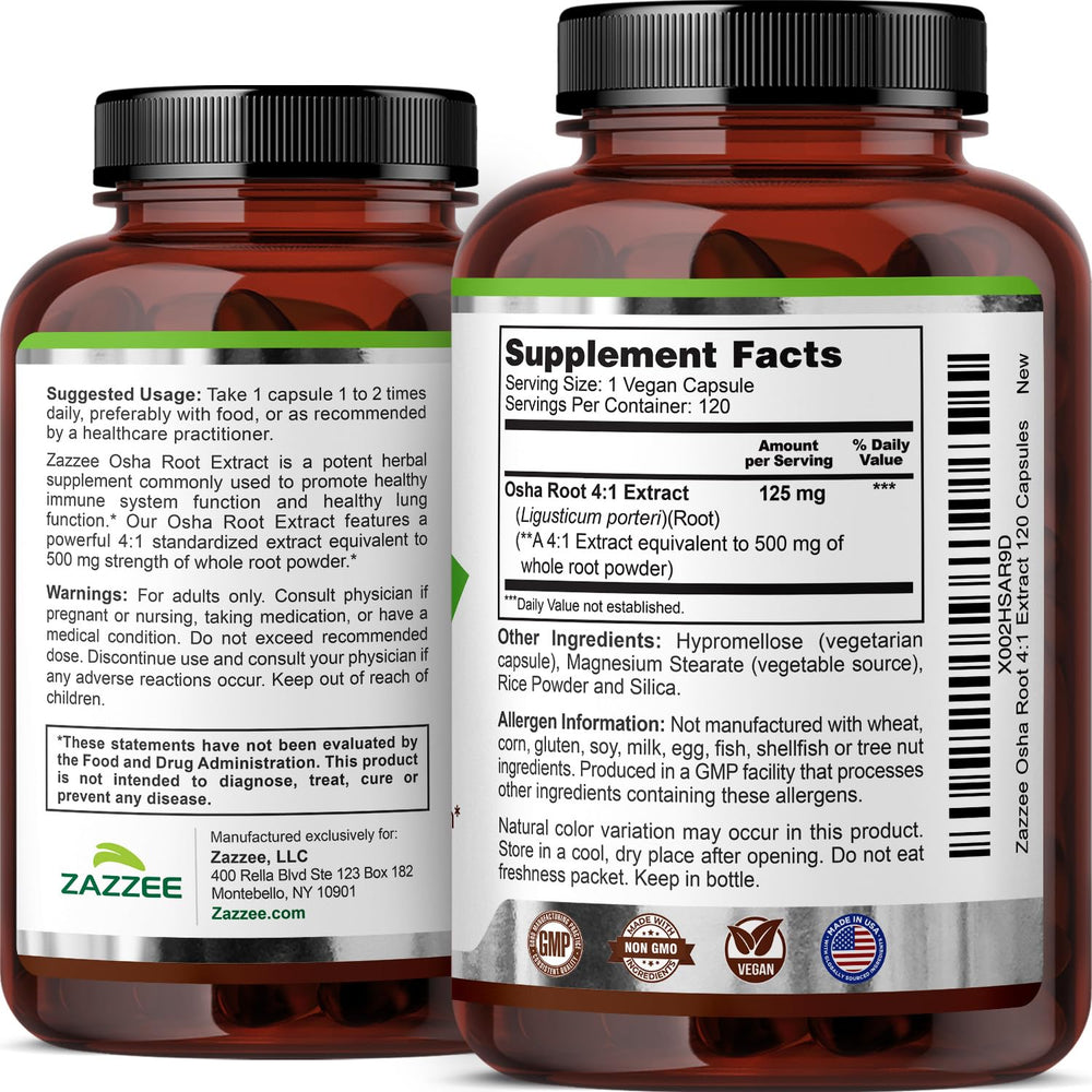Zazzee OSHA Root Extract 4x concentrate badge on packaging.