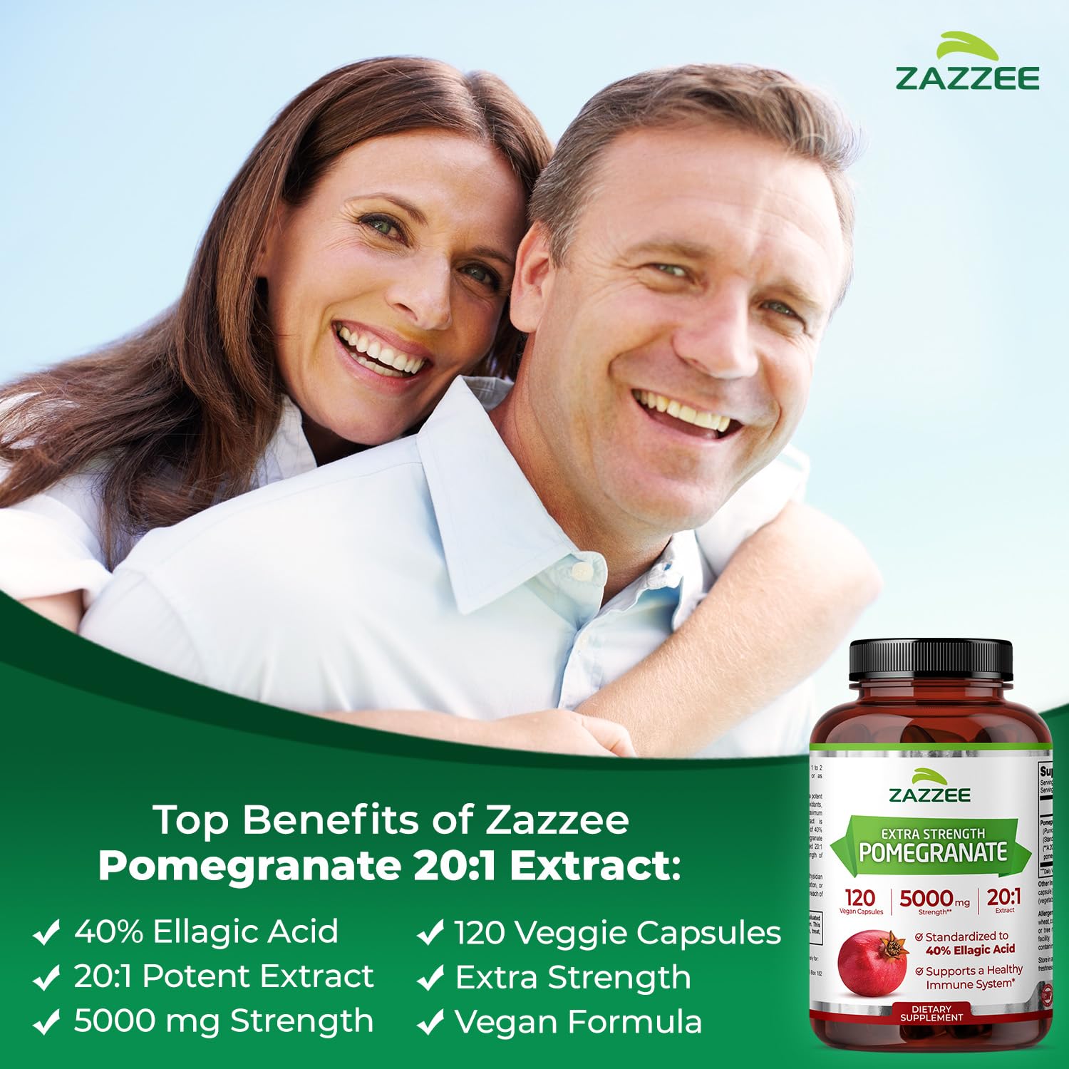 Zazzee Pomegranate label shows 40% ellagic acid content for potency awareness.