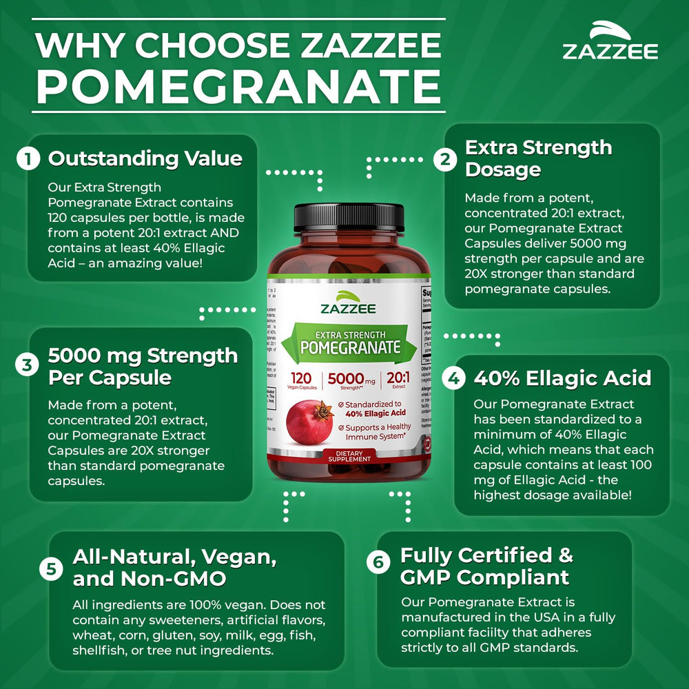 Zazzee Pomegranate foil-sealed bottle protecting freshness.