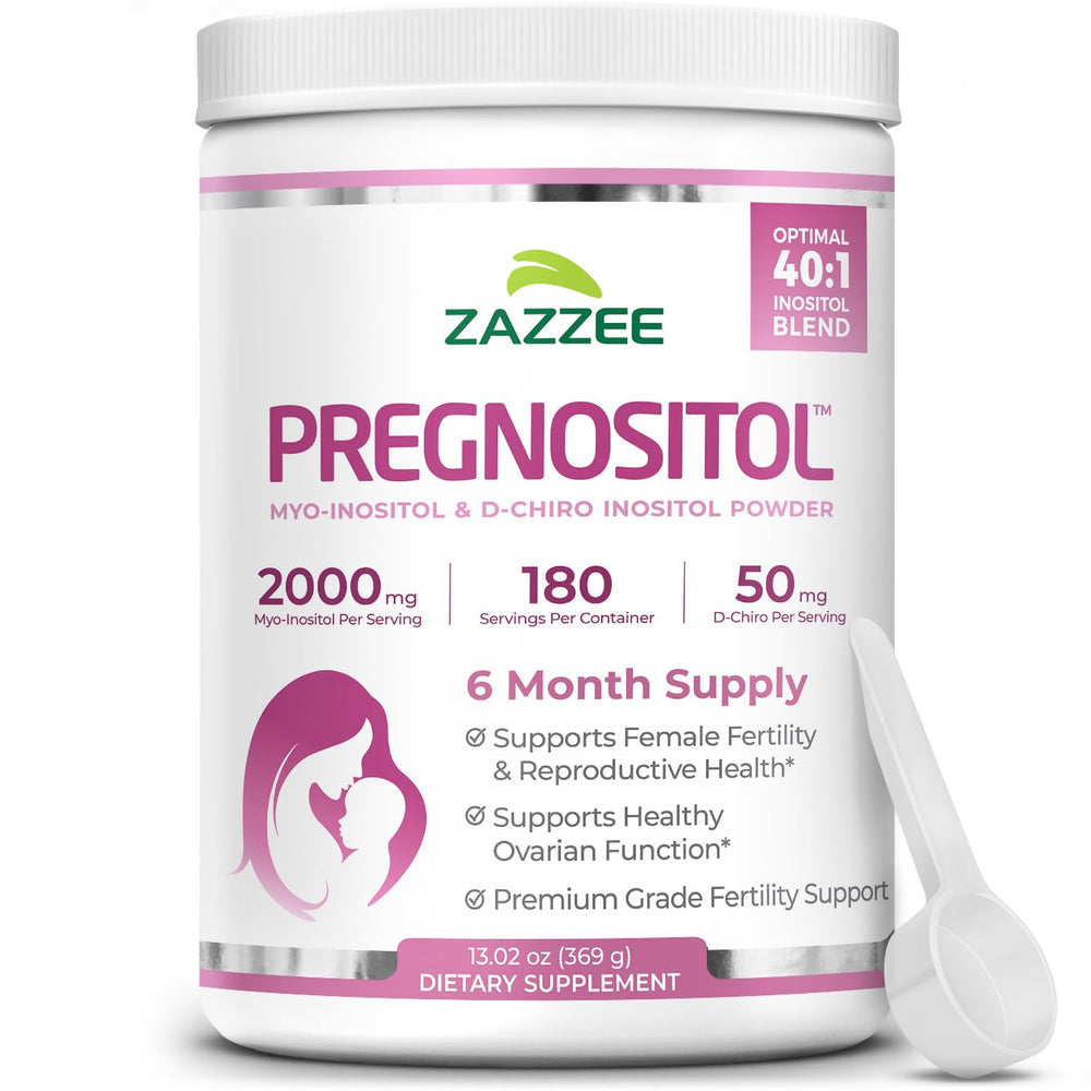 Zazzee Pregnostol powder bottle front, showcasing a convenient fertility supplement for daily use.