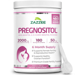 Zazzee Pregnostol powder bottle front, showcasing a convenient fertility supplement for daily use.