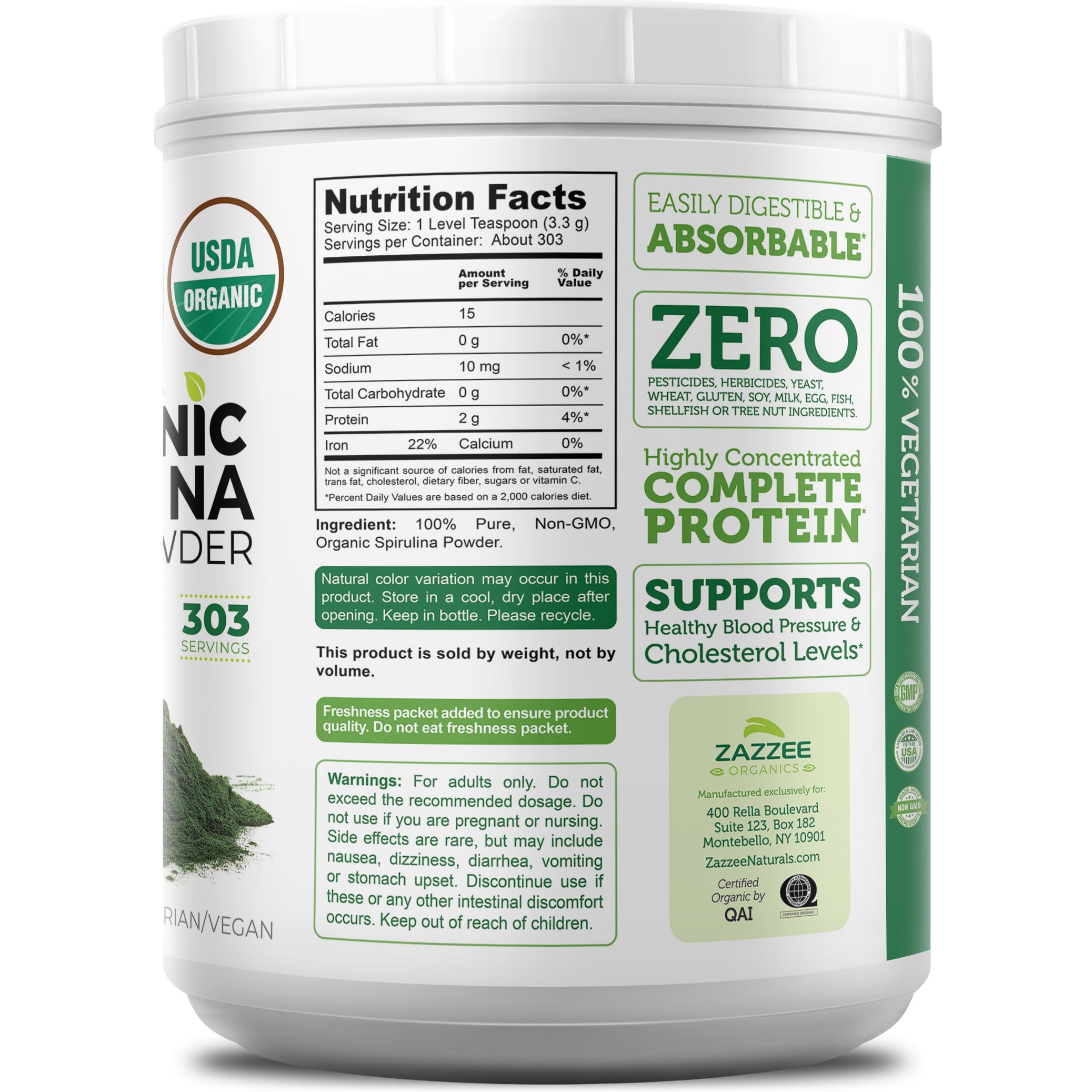 Gluten-free, non-GMO, kosher spirulina powder suitable for various diets.