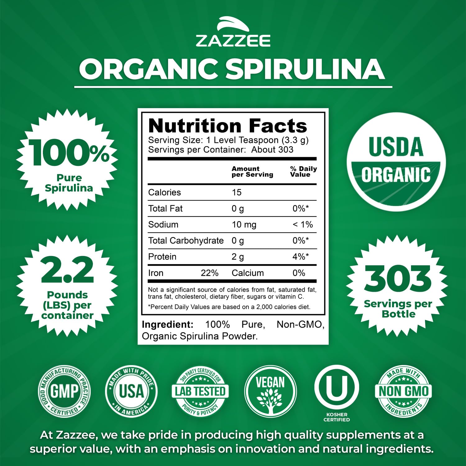 Zazzee Organic Spirulina Powder measured by a level teaspoon for precise portions.