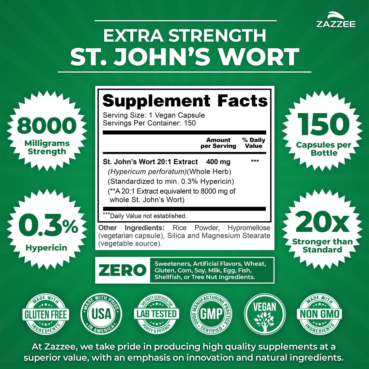 Zazzee St. Johns Wort capsule close-up highlights vegan formulation