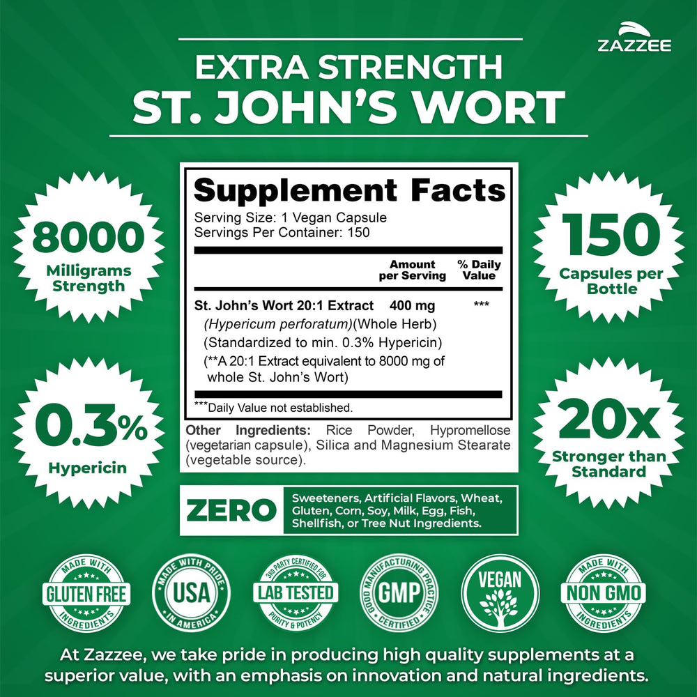 Zazzee St. Johns Wort capsule close-up highlights vegan formulation