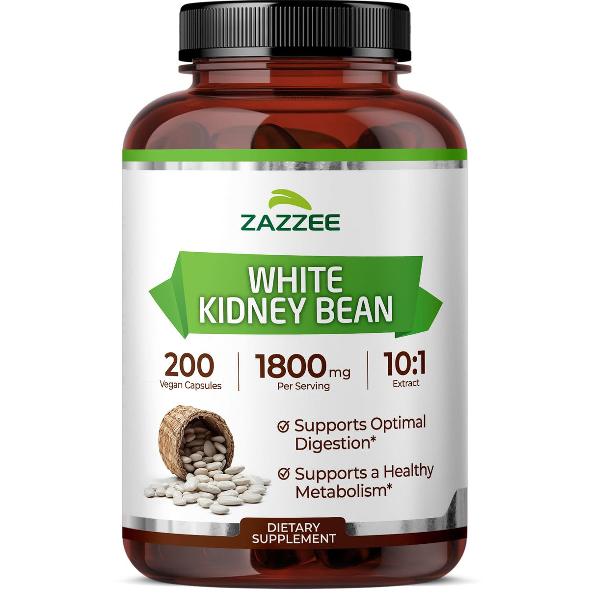 Zazzee White Kidney Bean Extract bottle showing 18,000 mg strength for daily use