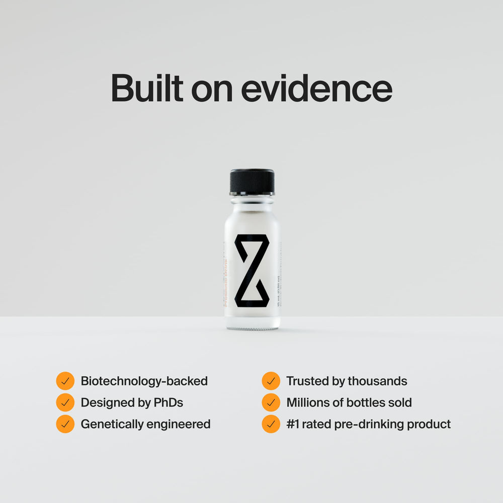 ZBiotics night-out setup, compact bottle for evenings and early wake-ups.