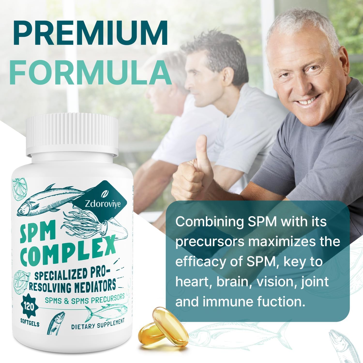 Zdoroviye SPM softgels closeup emphasizes easy swallowing and smooth gel shell.