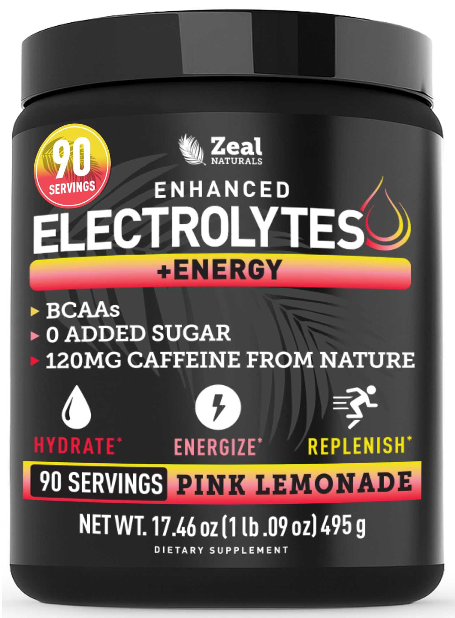 Zeal Electrolyte Powder bottle in pink lemonade flavor for refreshing hydration.