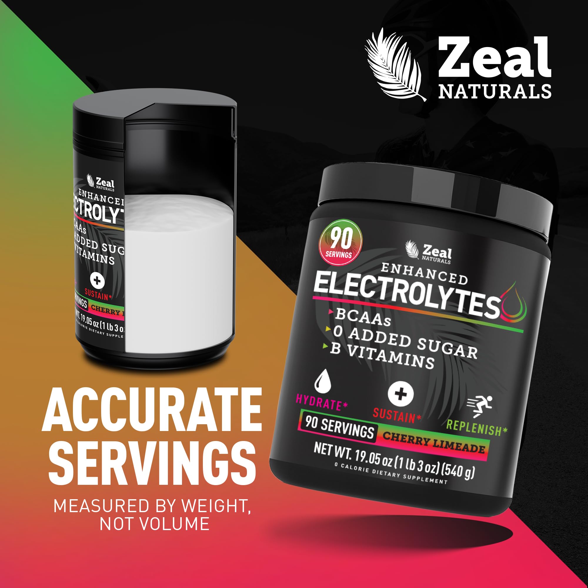 Zeal Electrolyte Powder ingredients panel features BCAAs and essential minerals.