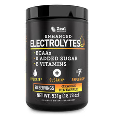 Zeal Electrolyte Powder bottle shows orange pineapple flavor for hydration during workouts