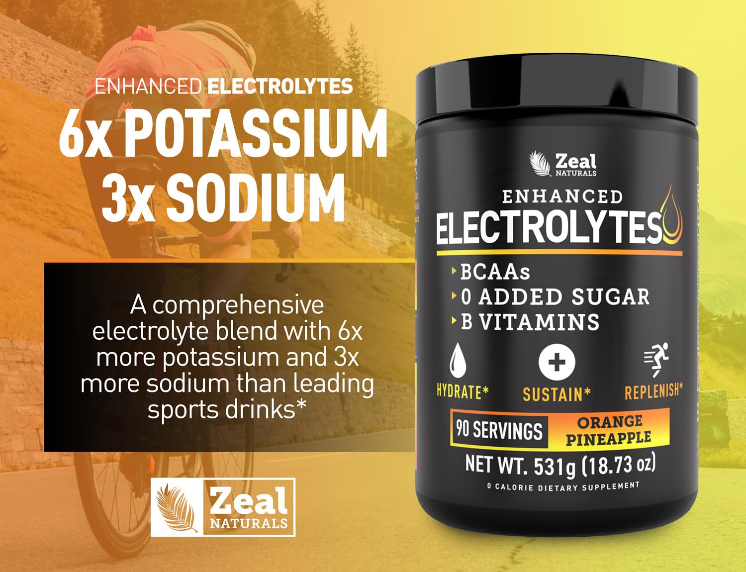 Zeal Electrolyte Powder ingredients panel emphasizes minerals and BCAAs