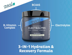 Zeal Electrolyte Powder packaging emphasizes keto-friendly, zero-calorie hydration