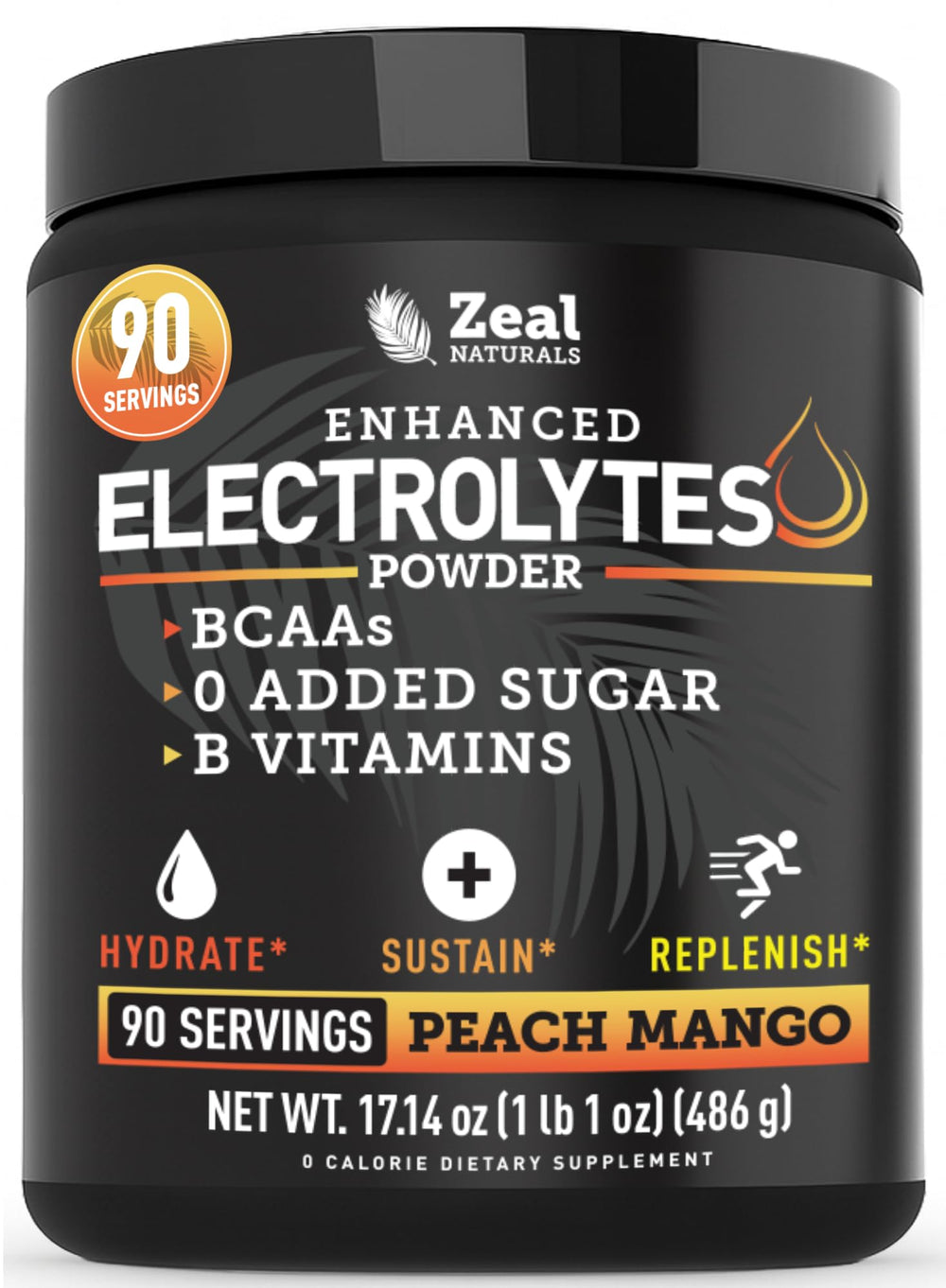 Zeal Electrolyte Powder Peach Mango tub front label highlights keto hydration support