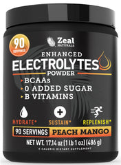Zeal Electrolyte Powder Peach Mango tub front label highlights keto hydration support