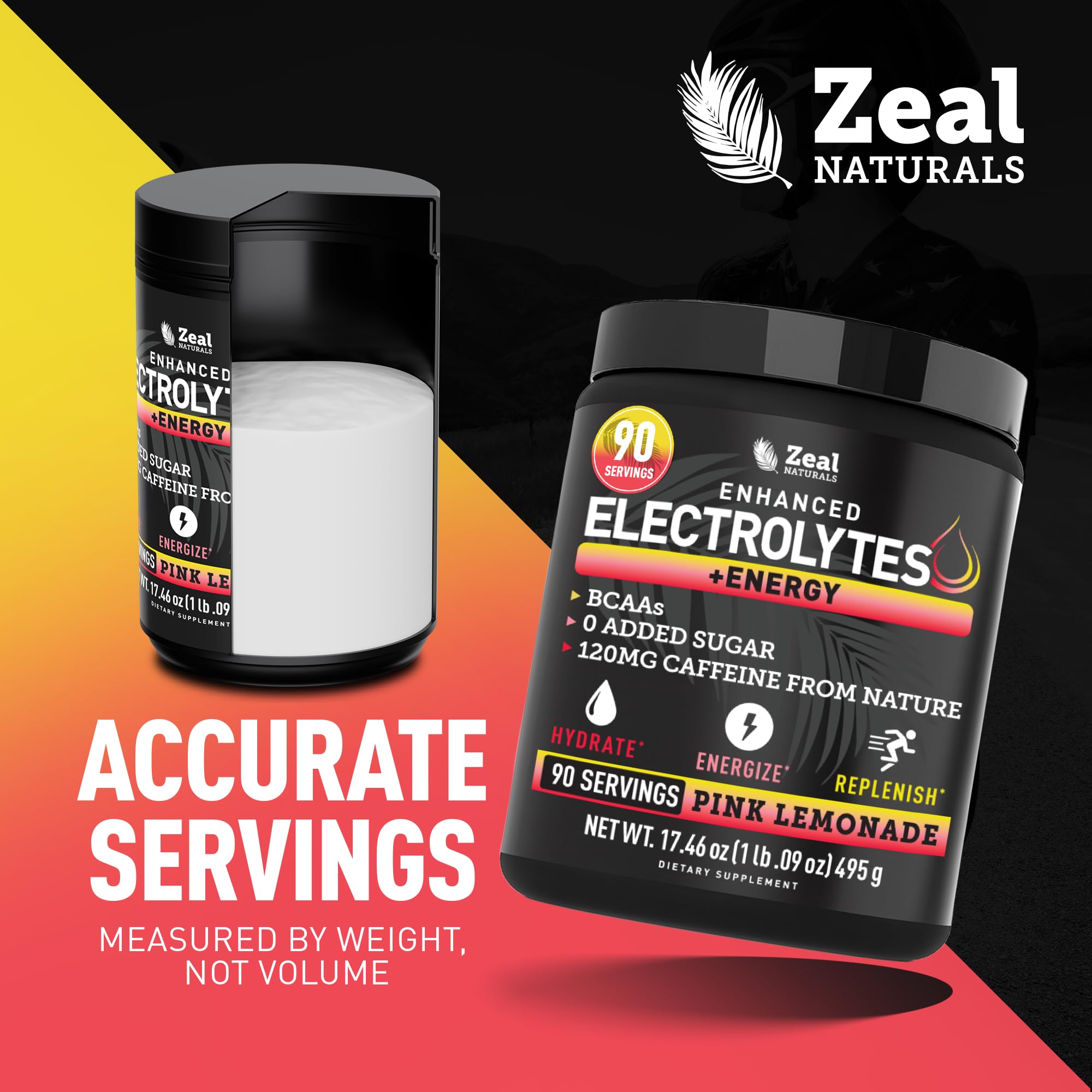 Zeal Electrolyte Powder tub front highlighting zero sugar and keto-friendly hydration.