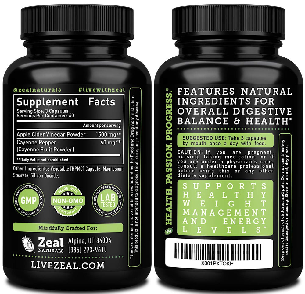 Close-up of Zeal Naturals ACV capsules showing 1560 mg per serving
