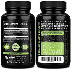 Close-up of Zeal Naturals ACV capsules showing 1560 mg per serving