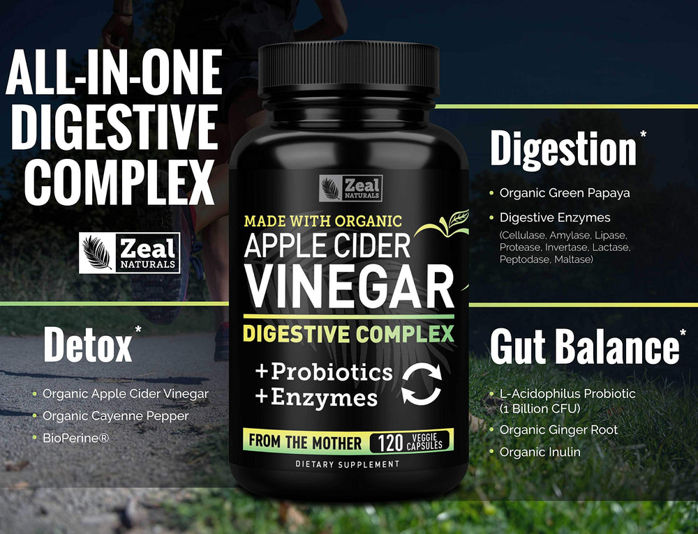 Zeal Naturals apple cider vinegar from the mother illustration highlighting raw, natural ingredients.