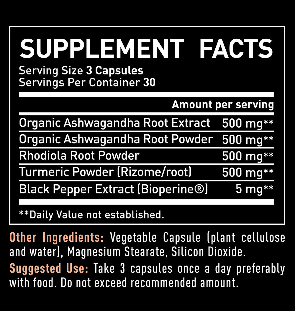 Ingredients label showing organic ashwagandha, rhodiola, and turmeric for balance