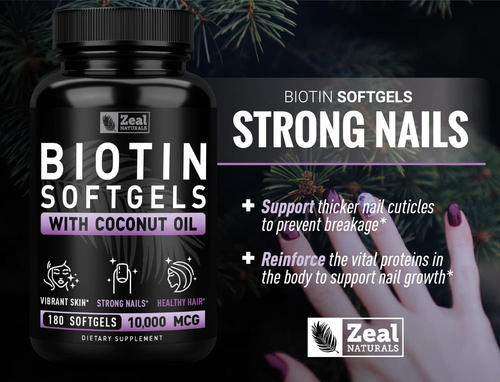Product bottle label displays high potency 10000 mcg biotin with virgin coconut oil.