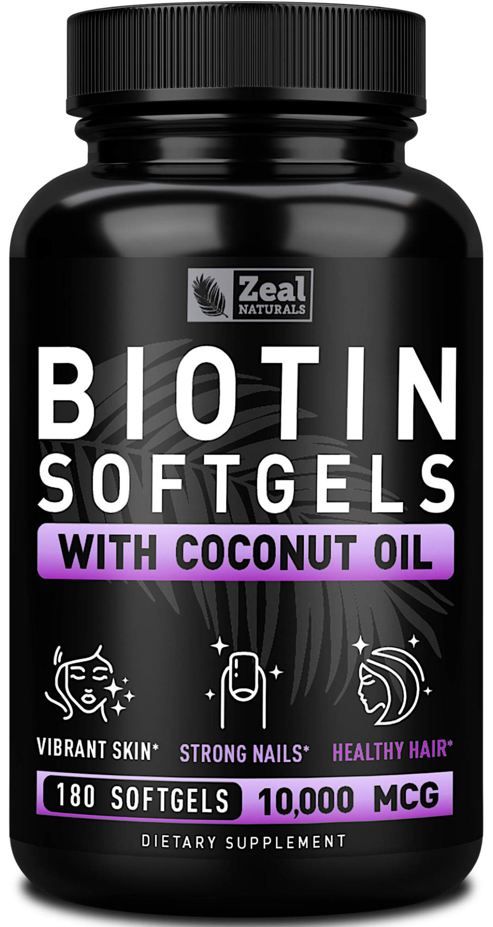 Zeal Naturals Biotin Coconut Oil softgels in a bottle promote hair strength and shine.