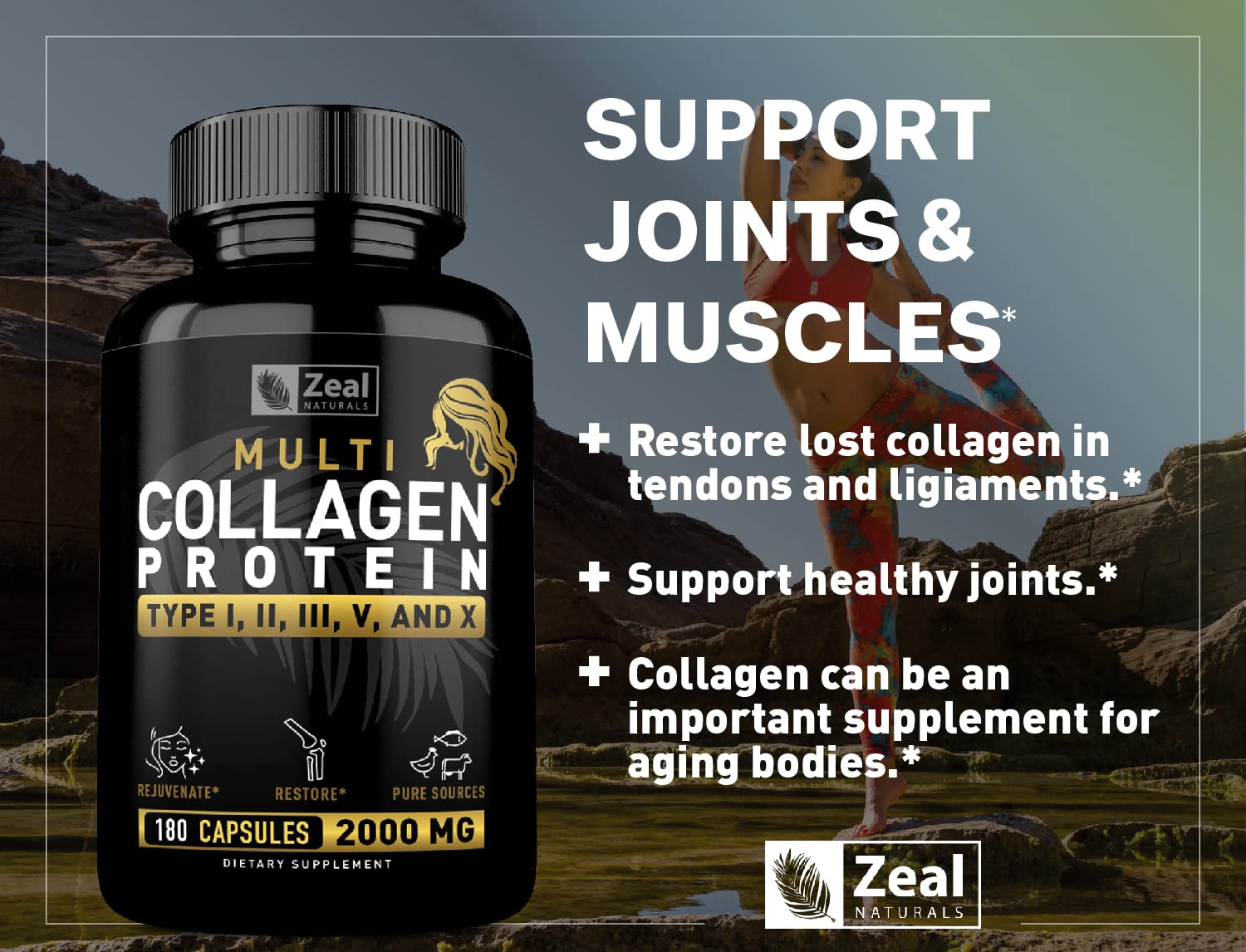 Zeal Naturals capsules package front emphasizing 180 capsules and multiple collagen types