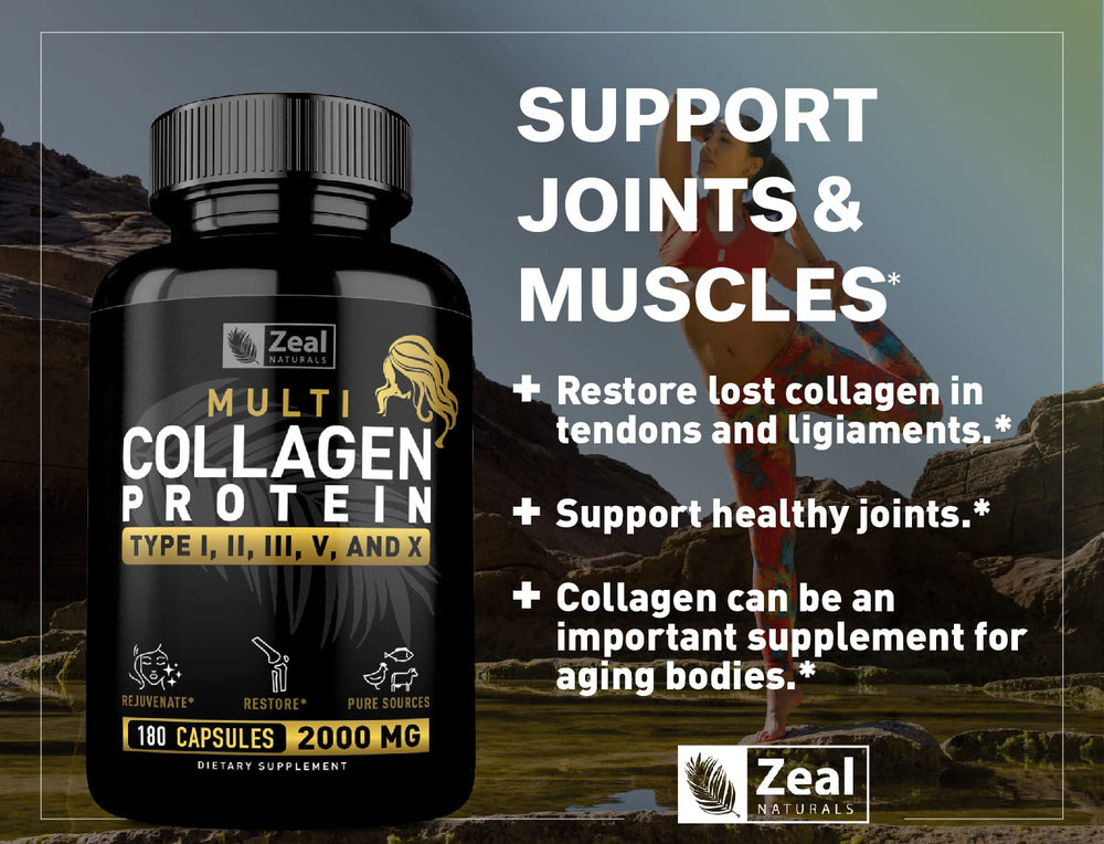 Zeal Naturals capsules package front emphasizing 180 capsules and multiple collagen types