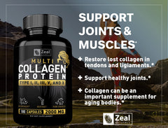 Zeal Naturals capsules package front emphasizing 180 capsules and multiple collagen types