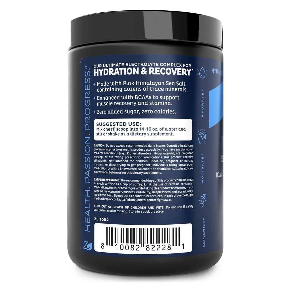 Zeal Electrolyte Powder ingredients highlight BCAAs and pink Himalayan salt