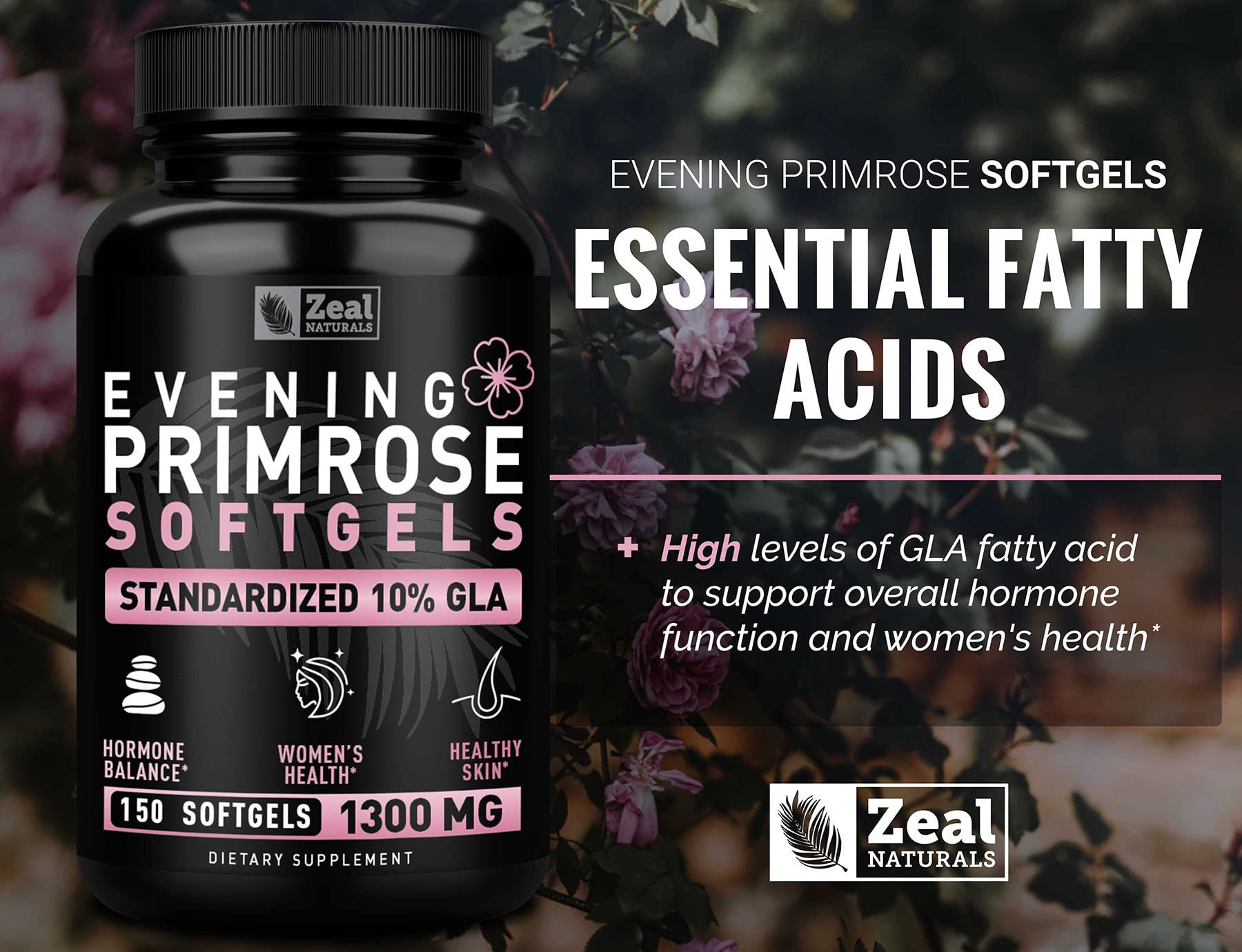 Label shows 1300 mg and 10% GLA on Zeal Naturals bottle.