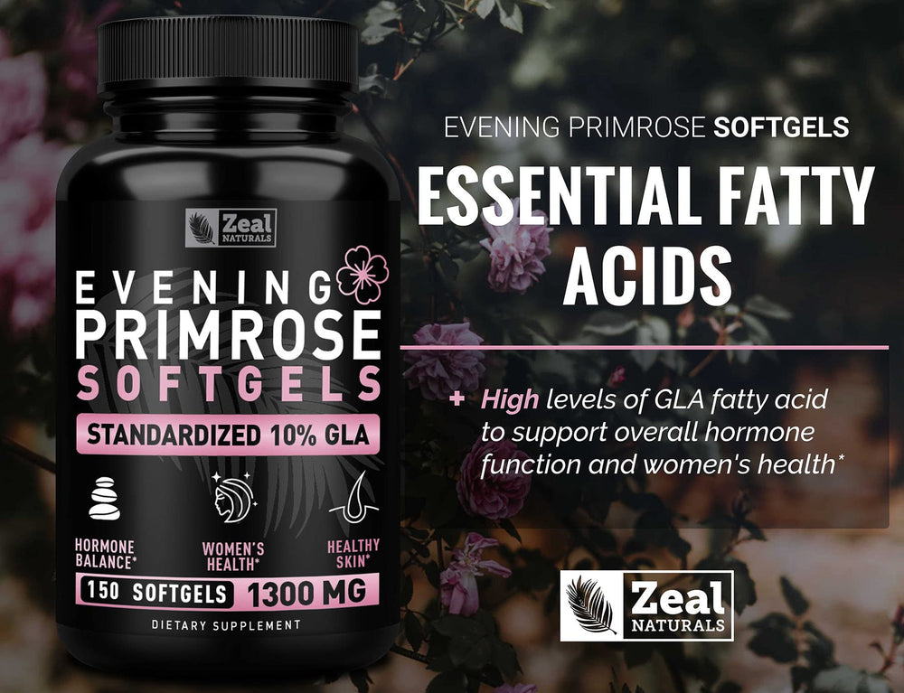Label shows 1300 mg and 10% GLA on Zeal Naturals bottle.