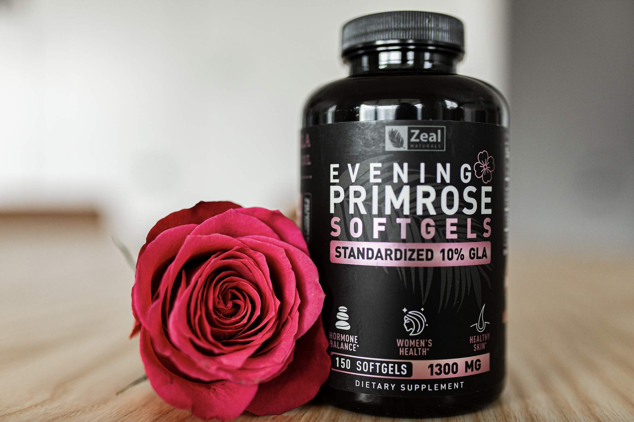 Lifestyle shot showing a clean vanity with Zeal Naturals Evening Primrose Oil.