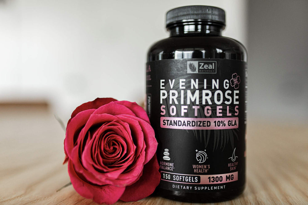 Lifestyle shot showing a clean vanity with Zeal Naturals Evening Primrose Oil.