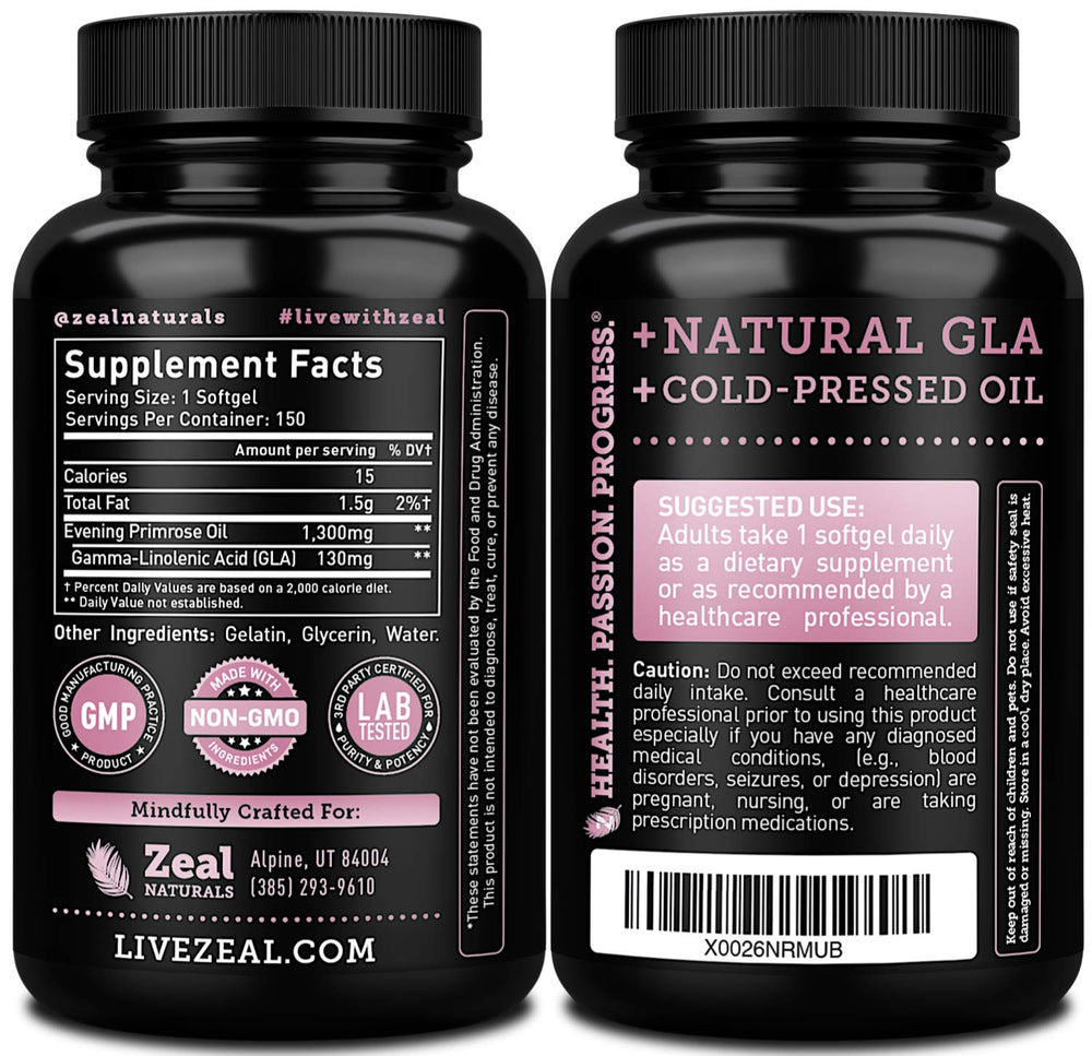 Close-up of Zeal Naturals primrose oil capsules for easy daily supplementation.