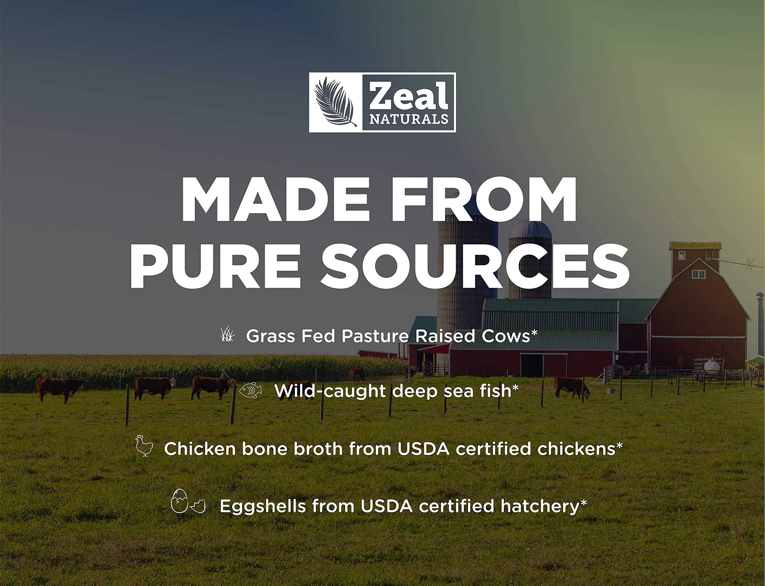 Zeal Naturals glass bottle showing grass-fed and wild-caught collagen sources