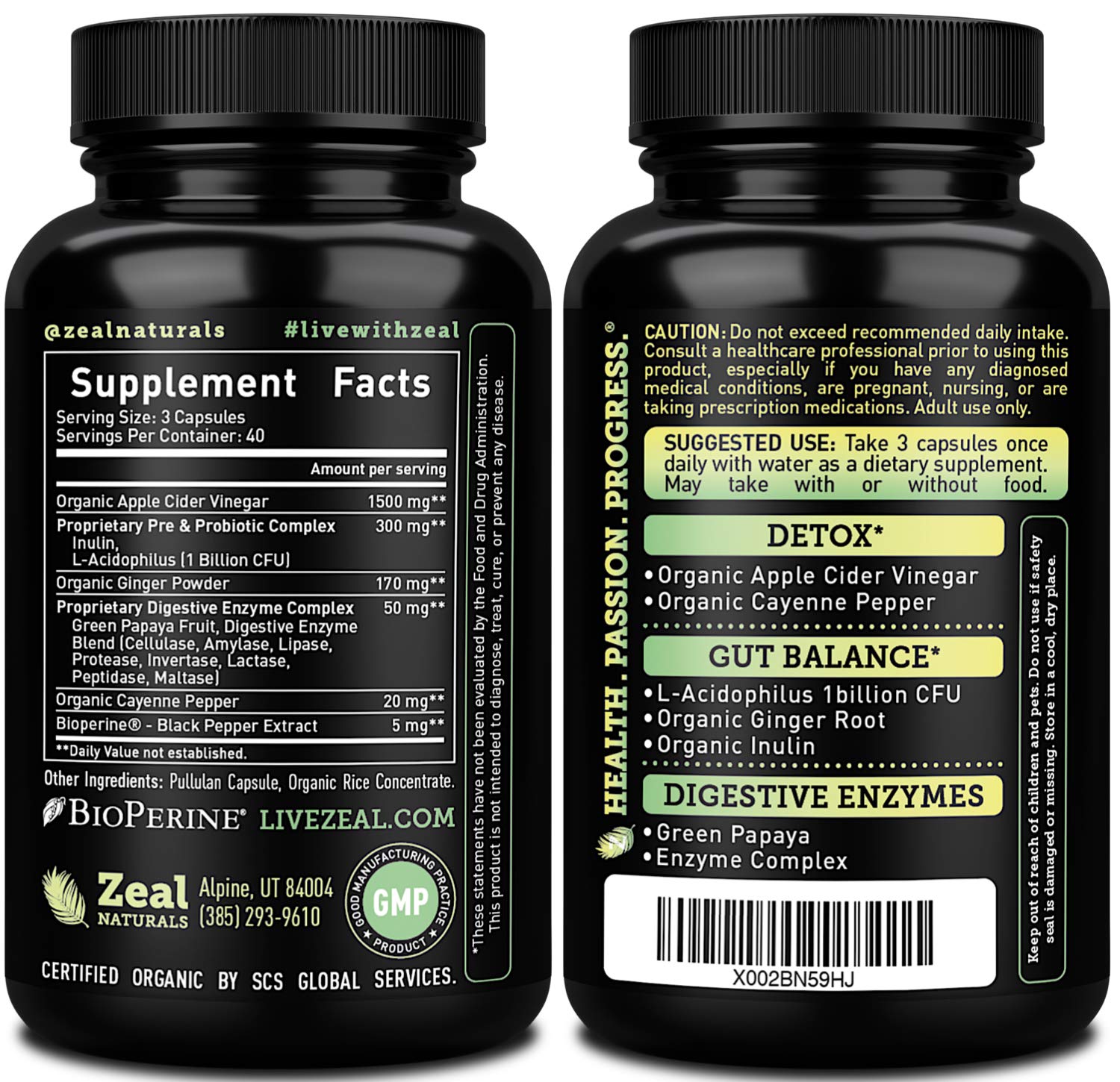 Zeal Naturals label close-up highlighting organic ingredients and detox potential.