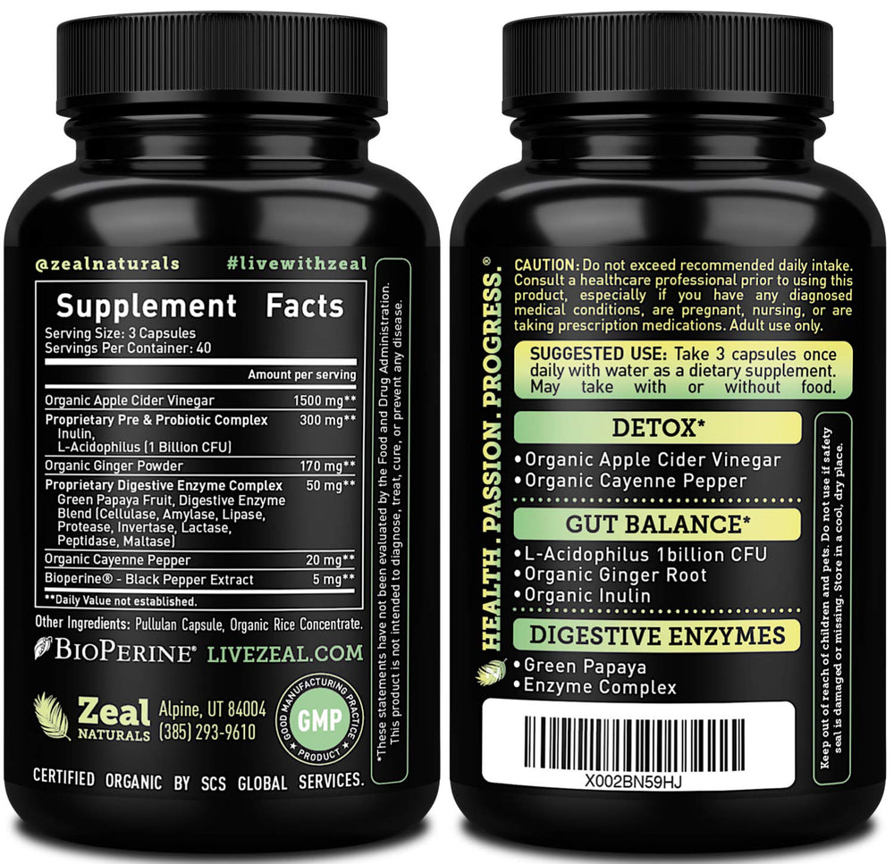 Zeal Naturals label close-up highlighting organic ingredients and detox potential.