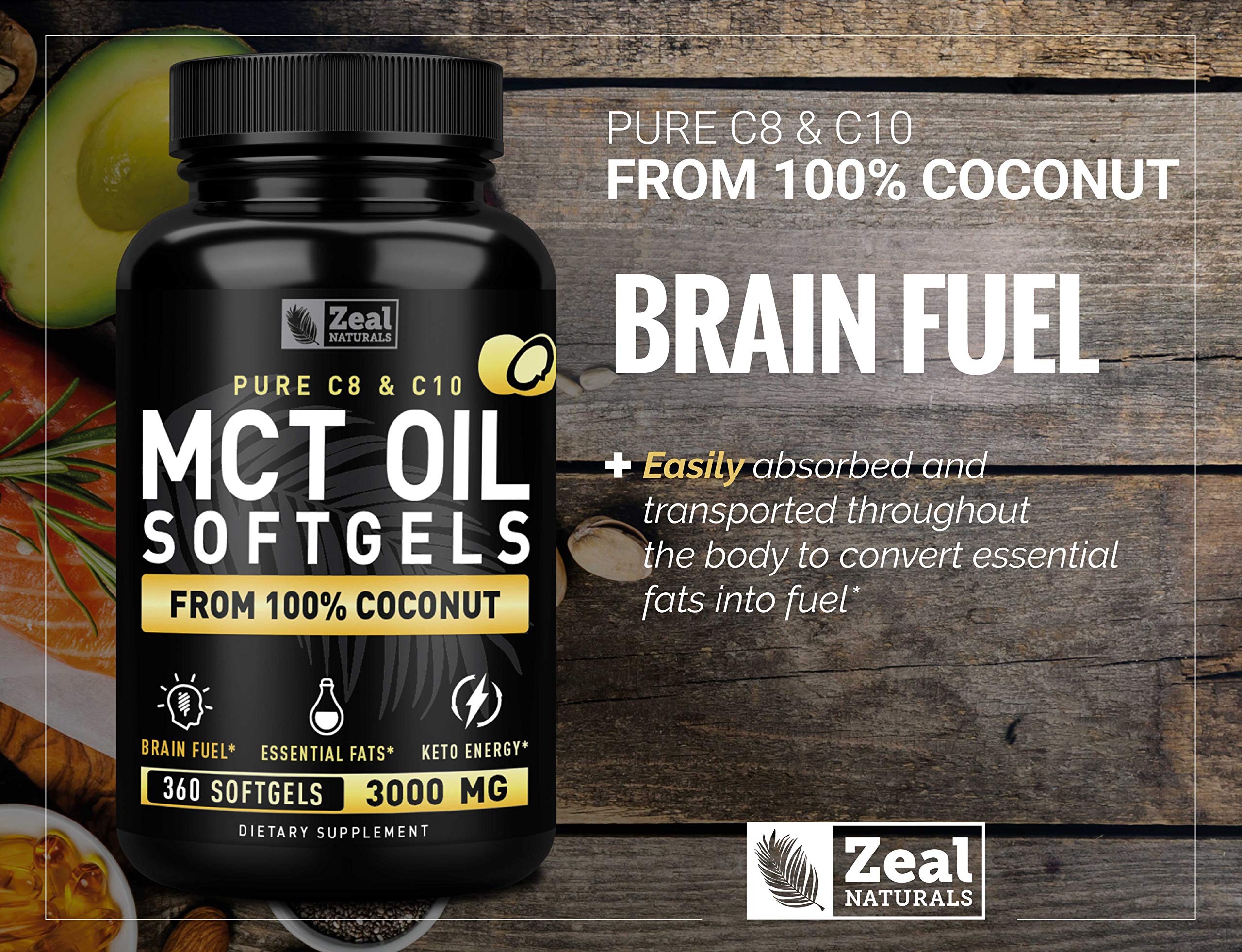 Zeal Naturals MCT softgels ready to pair with coffee for keto-friendly routine.