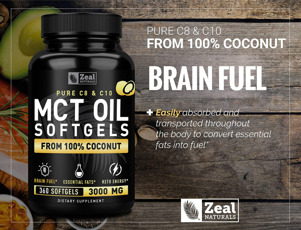 Zeal Naturals MCT softgels ready to pair with coffee for keto-friendly routine.
