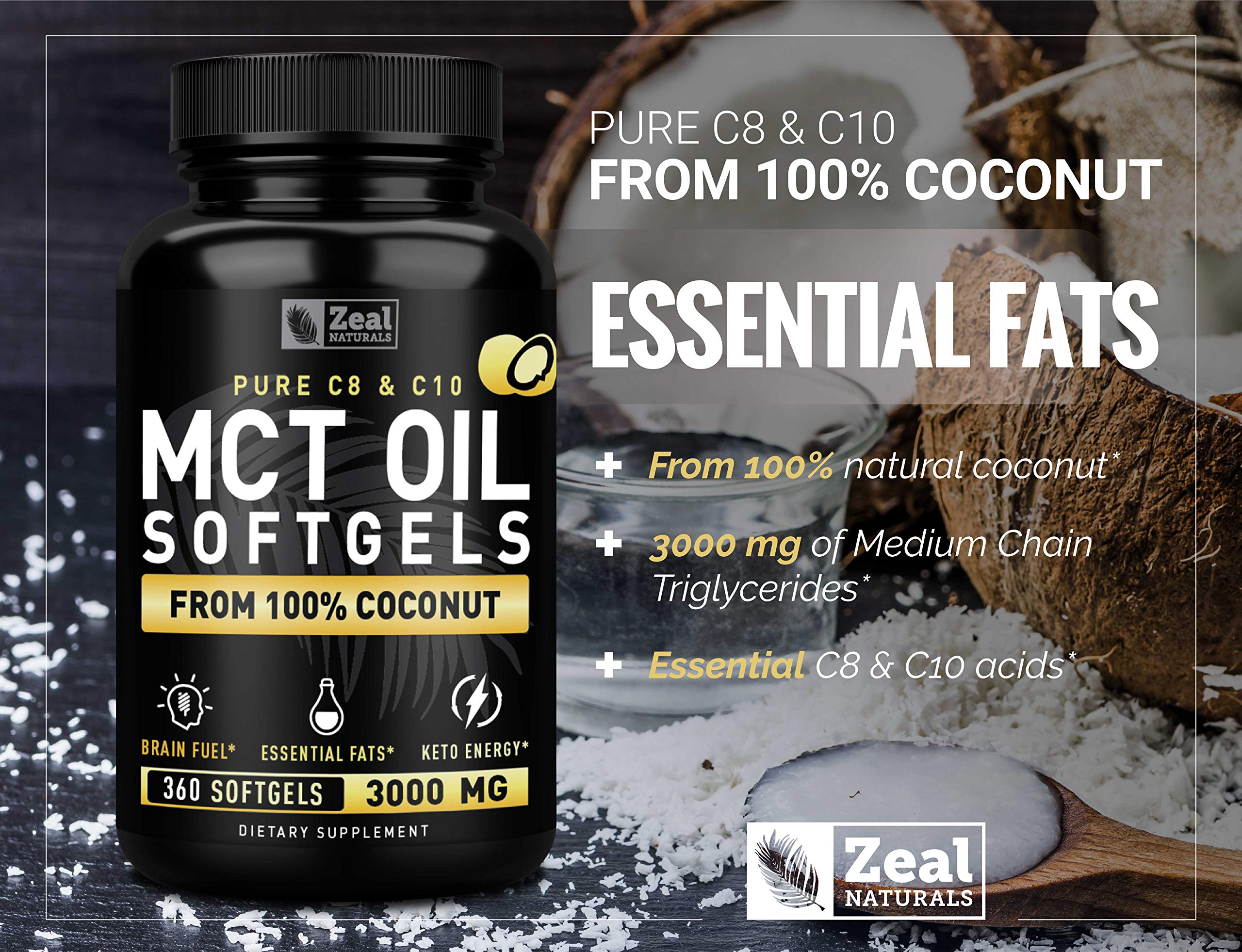 Zeal Naturals MCT softgels emphasizing keto-friendly formula for dieters.