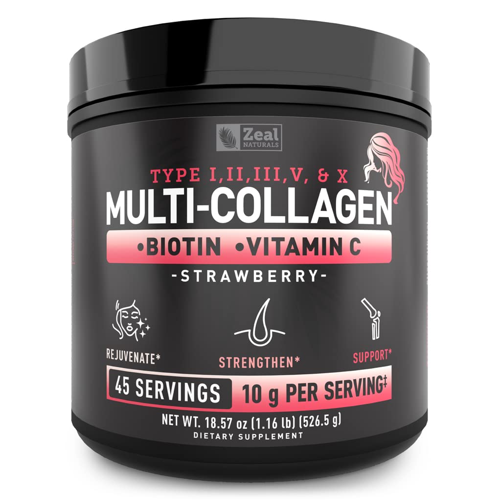 Zeal Naturals multi collagen powder strawberry bottle supports skin and joints.