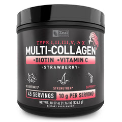 Zeal Naturals multi collagen powder strawberry bottle supports skin and joints.