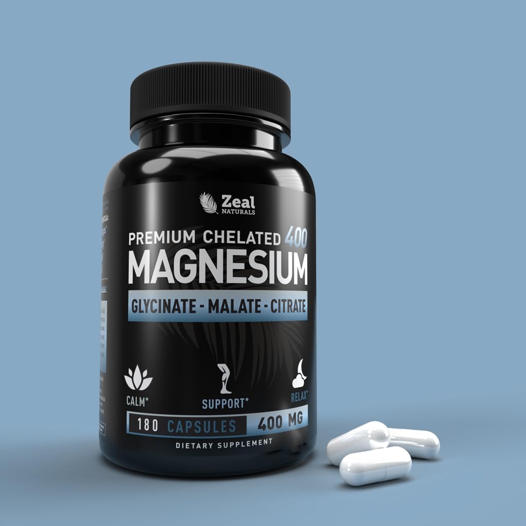 Zeal Naturals magnesium capsules closeup highlighting high absorption chelated formula.